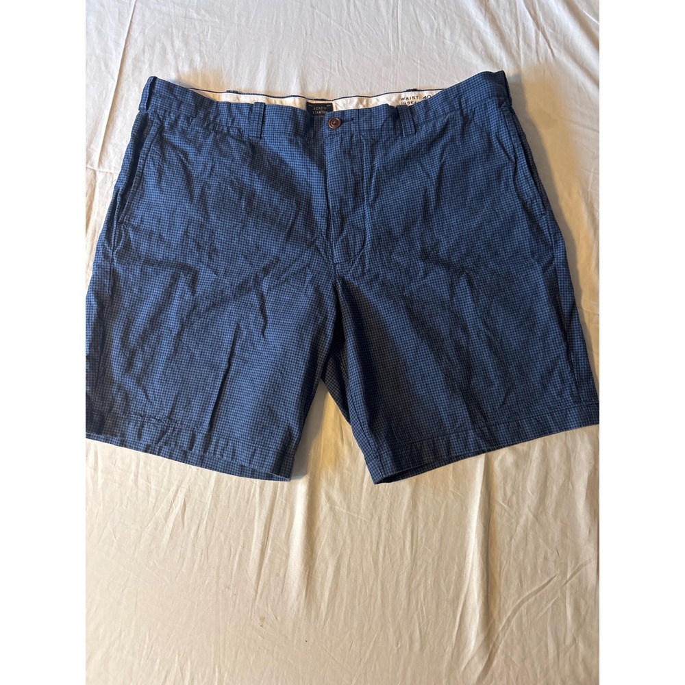J.Crew Stanton Shorts Mens 40 Blue Gingham Cotton Linen 9 Inch Inseam Excellent
